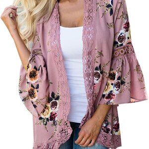 Rose Lace Trim Kimono Cardigan